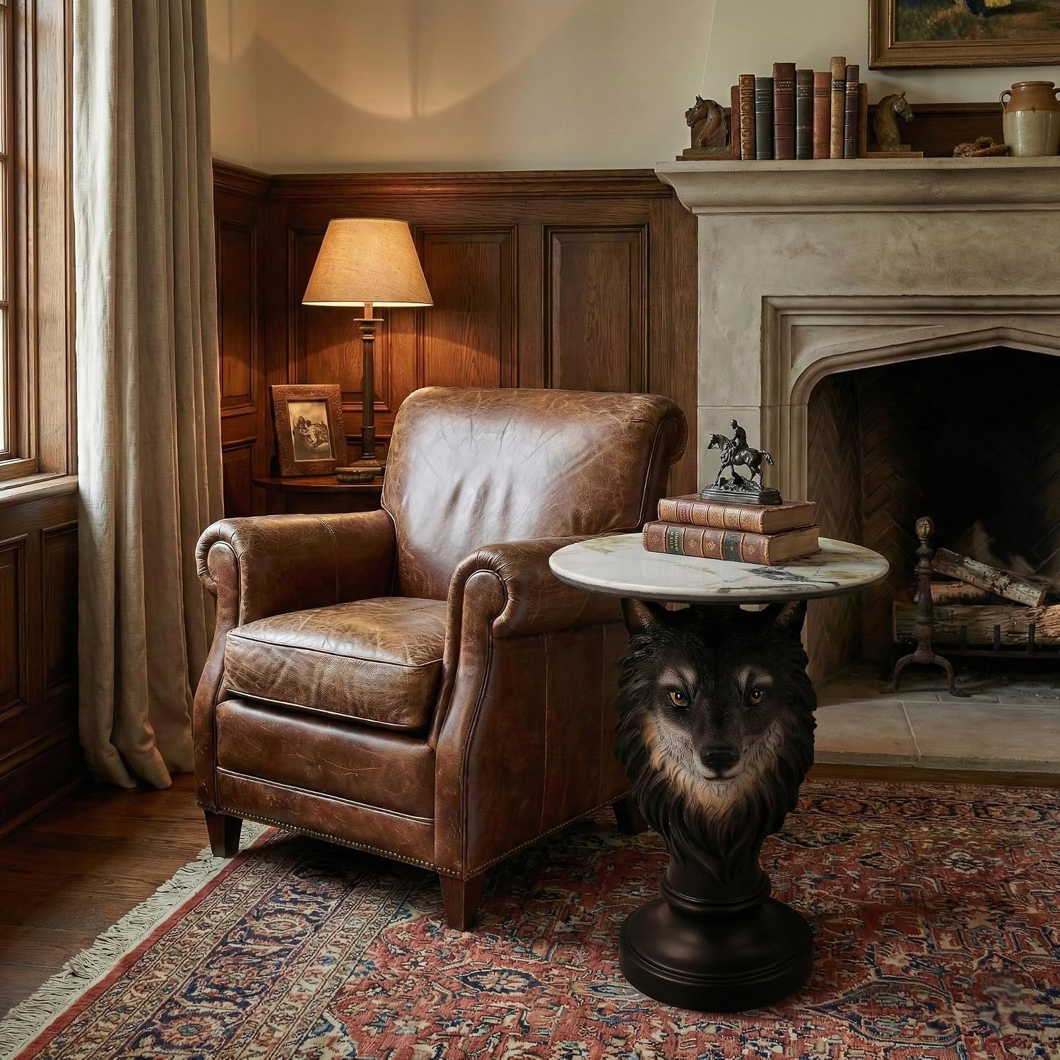 Modern Wolf Head Side Table, Artistic Animal Sculpture End Table with Faux Marble Top, Unique Fiberglass Accent Table for Living Room & Bedroom, Ideal Gift for Wolf Lovers (Realistic)