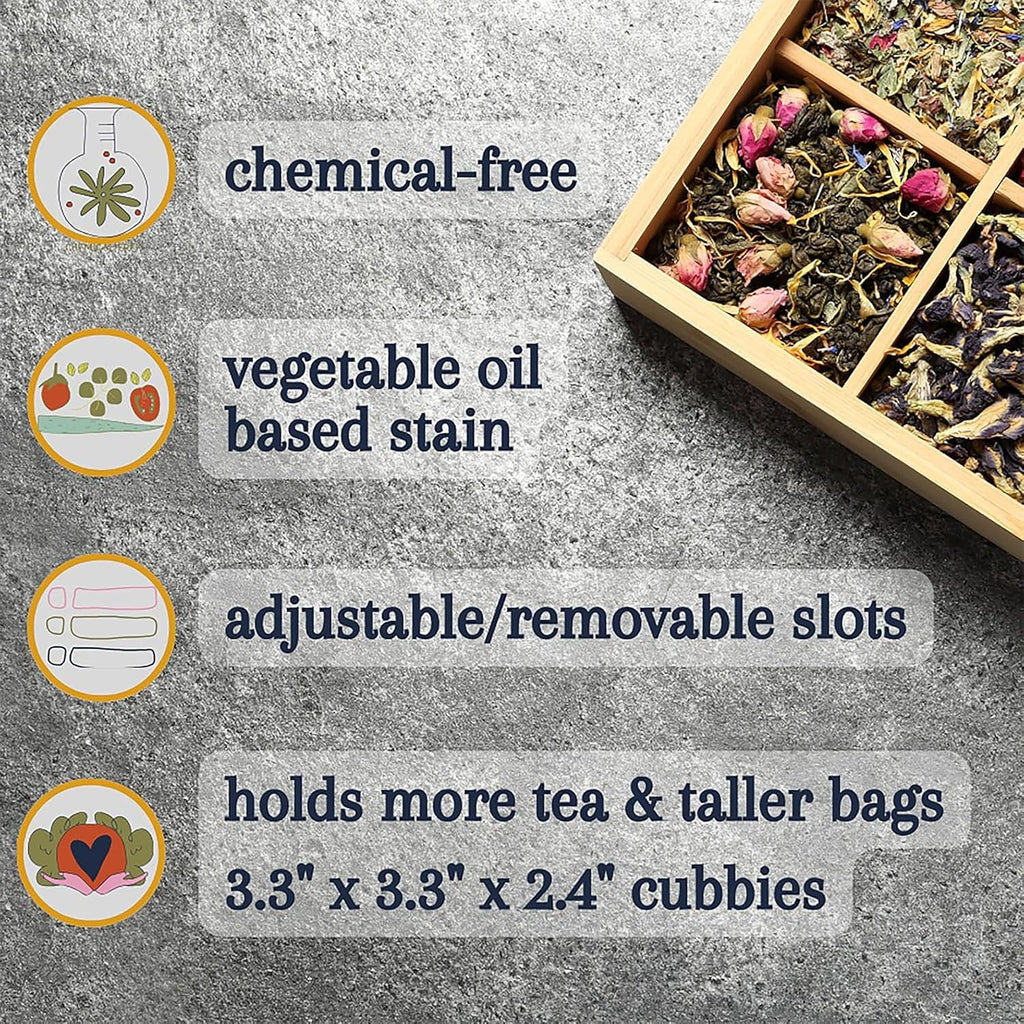 Tea Organizer Box Food Safe Chemical Free Bamboo Wood Storage Chest Big, Tall, Adjustable Cubbies (8-Slot 14.3" x 8.1" x 4.2" with TEA print design)