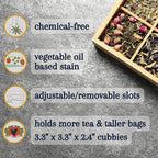 Tea Organizer Box Food Safe Chemical Free Bamboo Wood Storage Chest Big, Tall, Adjustable Cubbies (8-Slot 14.3" x 8.1" x 4.2" with TEA print design)
