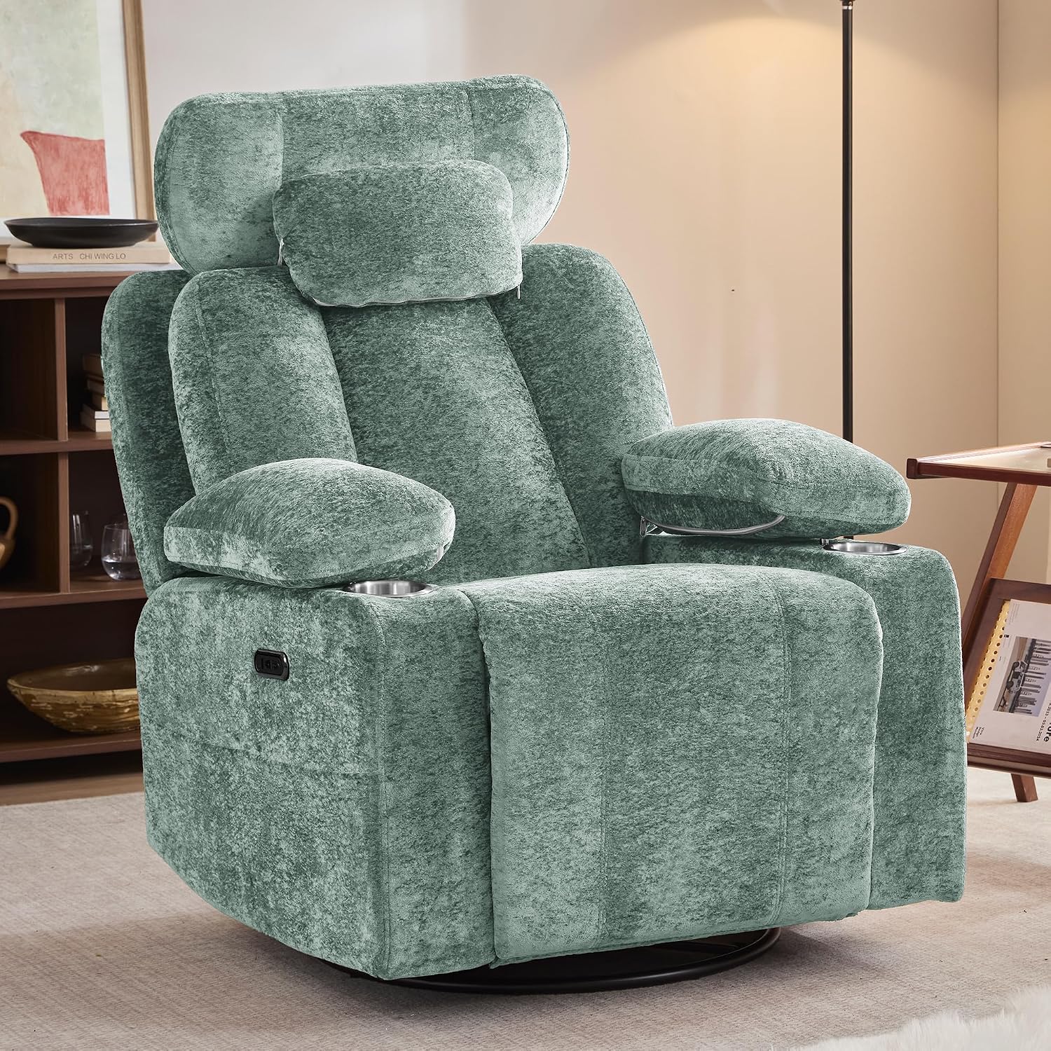 Recliner Chair, 360° Swivel Rocker Recliner for Adults, Rocking Recliners with Massage & Heat, Nursery Rocking Chairs with Cup Holders, Manual Reclining Glider for Living Room, Nursery
