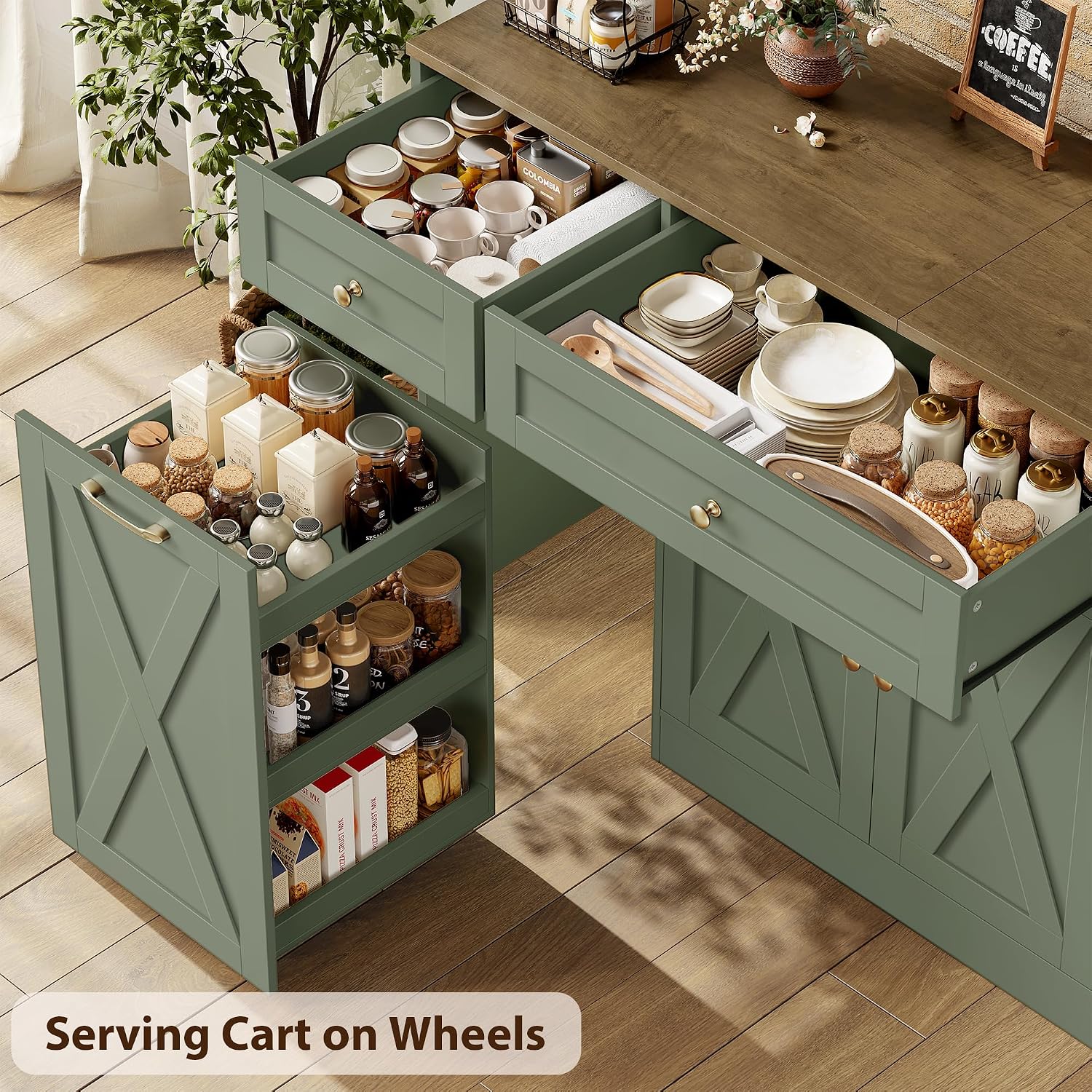 HOSTACK 59"W Kitchen Buffet Cabinet with Storage, Coffee Bar Cabinet, Green | Large Sideboard with Charging Station & Small Rolling Cart, Farmhouse Buffet with Adjustable Shelf & 2 Drawers & Door Rack