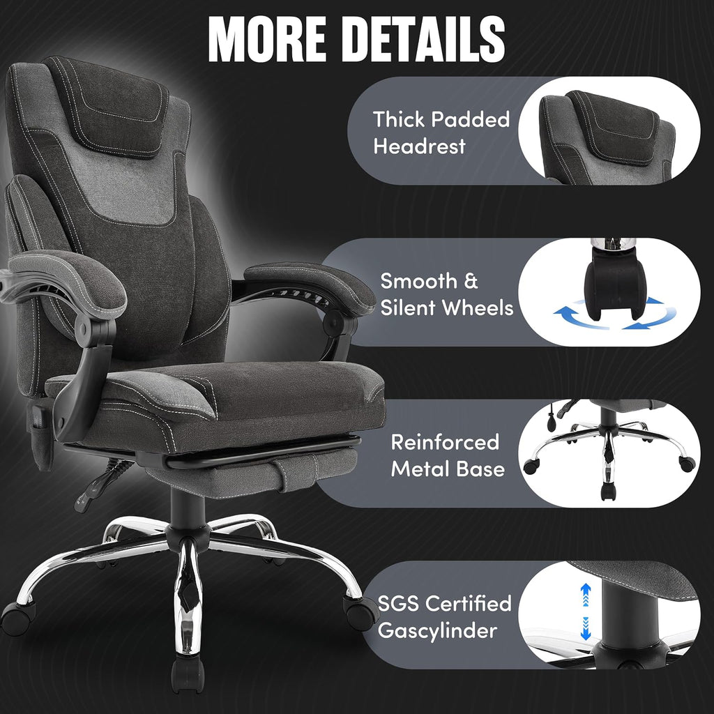 Office Chair with Footrest,6-Point Vibration Massage & Heat Executive Office Chairs,Big and Tall Fabric Office Chair 500LBS,Ergonomic Desk Chair for Heavy People,Recliner with Padded Armrest,Blackgrey