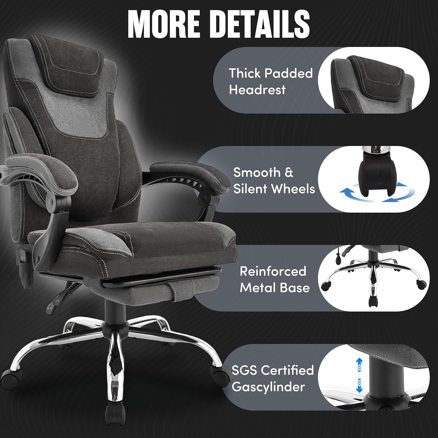 Office Chair with Footrest,6-Point Vibration Massage & Heat Executive Office Chairs,Big and Tall Fabric Office Chair 500LBS,Ergonomic Desk Chair for Heavy People,Recliner with Padded Armrest,Blackgrey