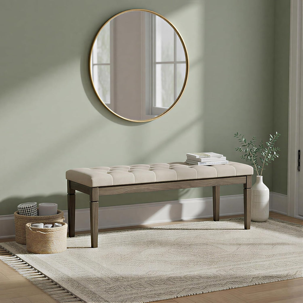 SIMPLIHOME Waverly Tufted Ottoman Bench - 48 inch Wide Upholstered Linen Look Fabric Rectangle Footstool Ottoman in Wheat Beige, Traditional Bench for Entryway or Living Room with Carved Legs