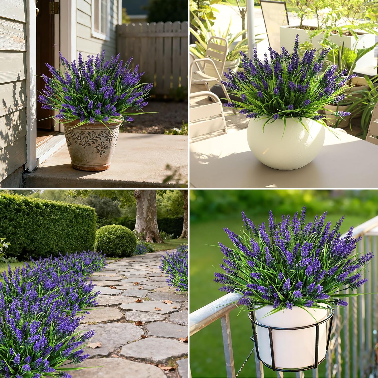 16 Bundles Artificial Plants Outdoor, UV Resistant Fake Lavender & Monkey Grass, Realistic Plastic Faux Plants for Balcony, Patio, Porch Greenery Decor, Planter Filler(Purple)