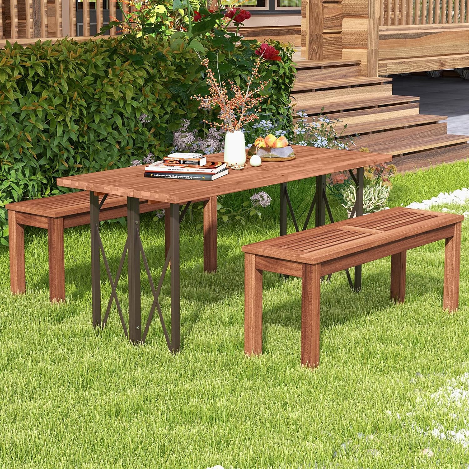 COSTWAY Outdoor Bench, 39.5” Backless Solid Wood Narrow Bench for Outside, Patio, Park, Garden & Front Porch (1)