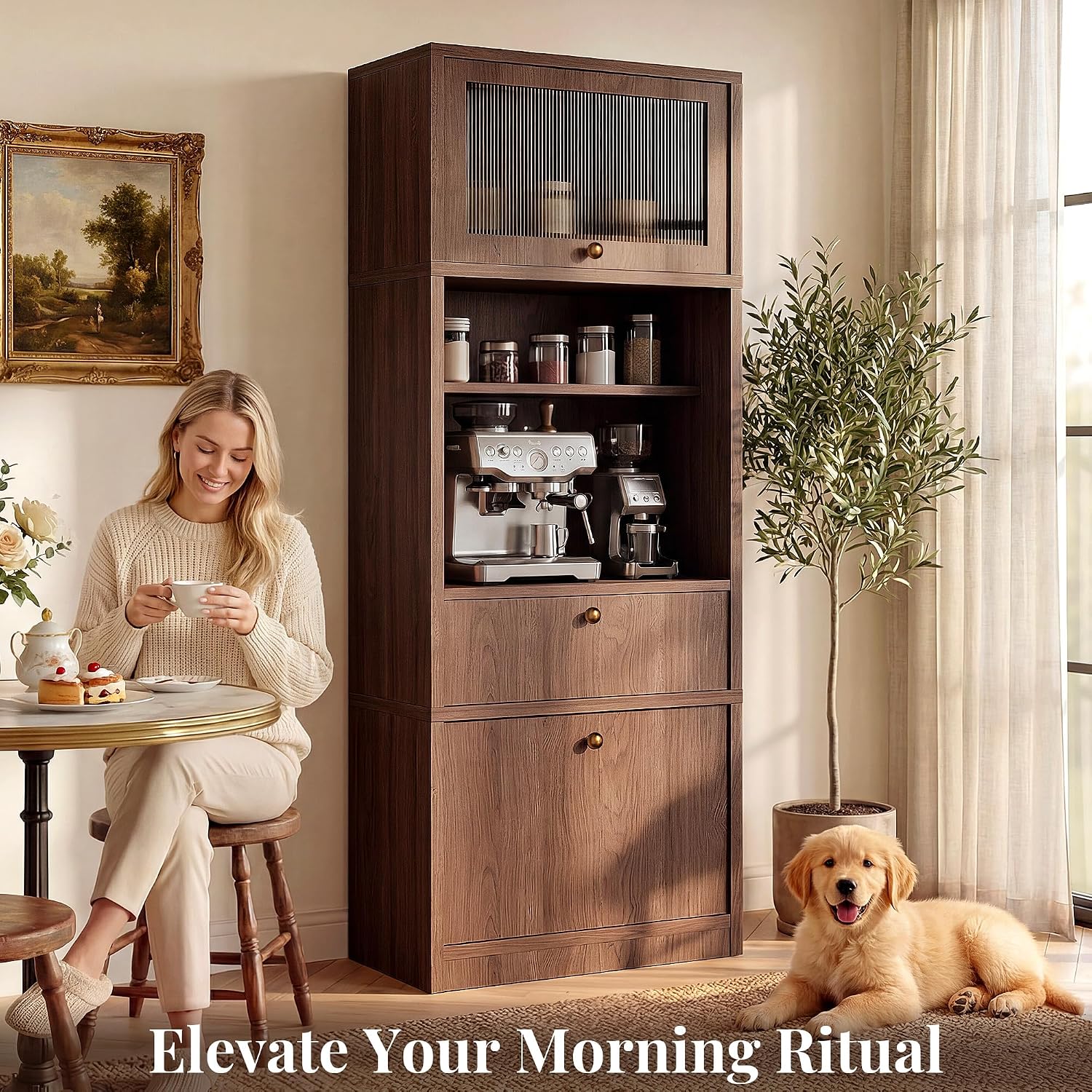 Kitchen Pantry Storage Cabinet，70.8 inch Tall Storage Cabinet with Doors and 2 Shelves & Drawer, Freestanding Pantry with Large Storage Drawer for Dining Room Walnut