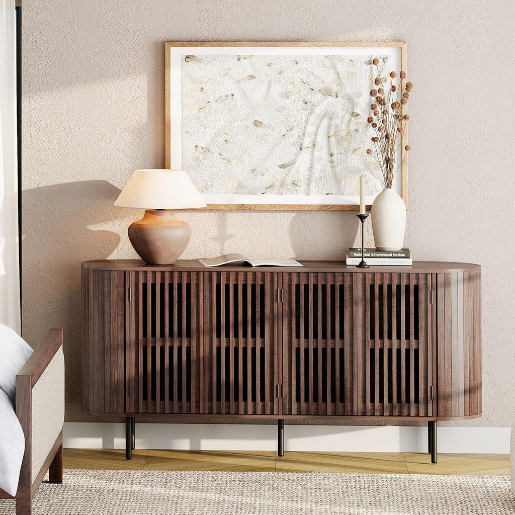 WAMPAT 66" Fluted Sideboard Buffet Cabinet, Wood Storage Cabinet with 4 Doors, Mid Century Modern Credenza for Dining Room, Living Room, Kitchen, Walnut