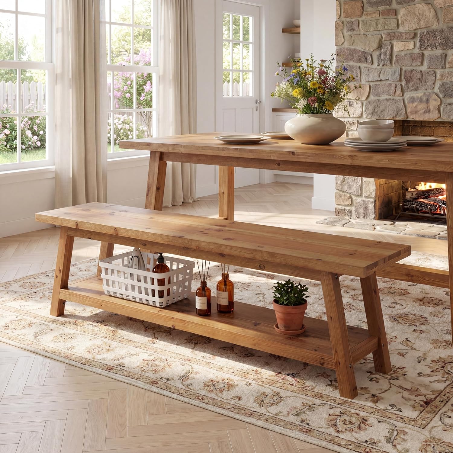 Tribesigns Farmhouse Solid Wood Dining Bench, 63-Inch Rustic Indoor Bench with Lower Storage Shelf for Dining Room, Kitchen, Living Room, Entryway, Natural Wood Finish (1)