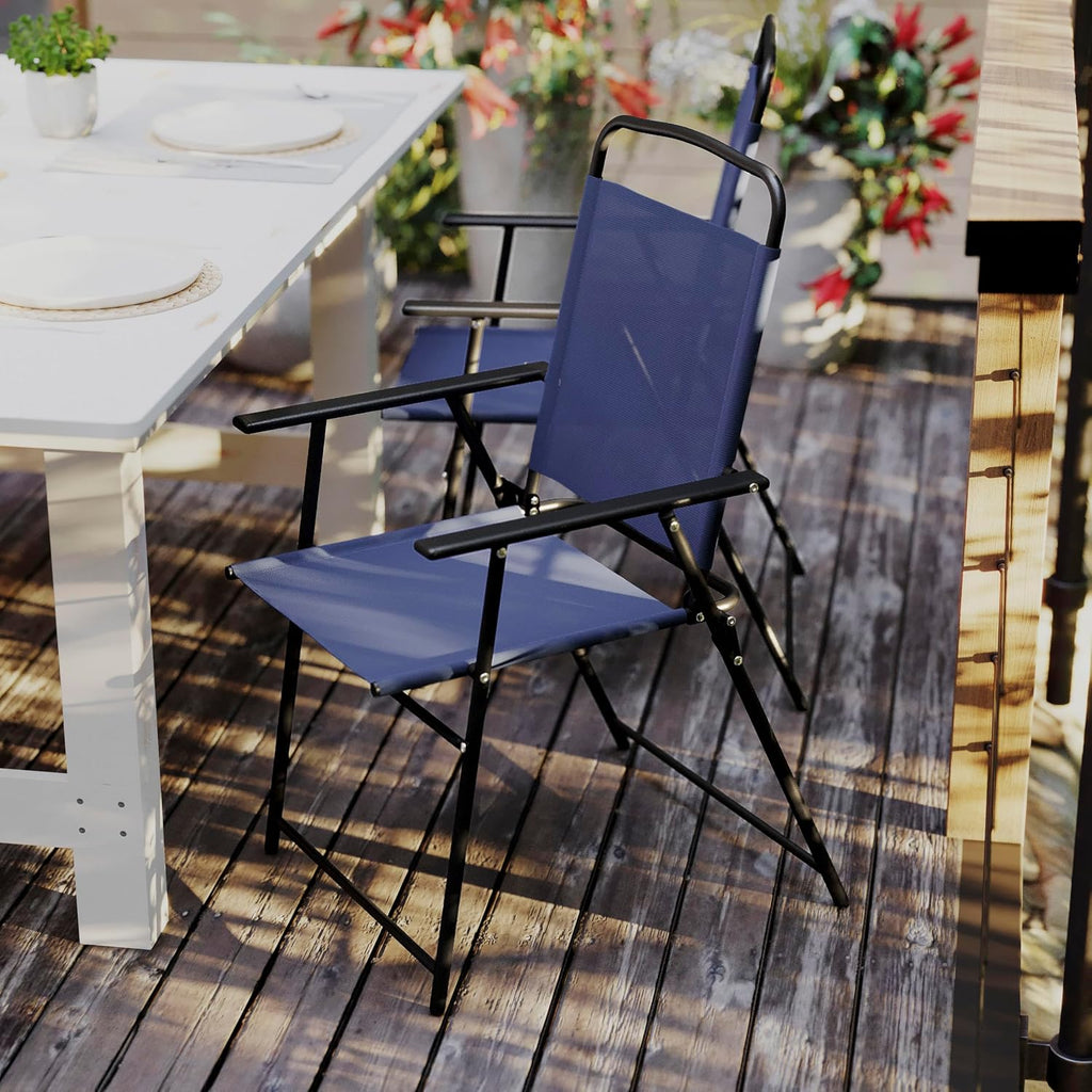 Flash Furniture Mystic Folding Patio Sling Chairs, Outdoor Textilene Lawn Chairs with Armrests, Set of 2, Navy