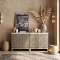 BELLEZE Set of 2 Anton 2 Door Sideboard Buffet Cabinet with Travertine-Look Top, Fluted Reeded Doors, Adjustable Shelf Storage Credenza for Dining Room Living Room Entryway, Travertine Greige