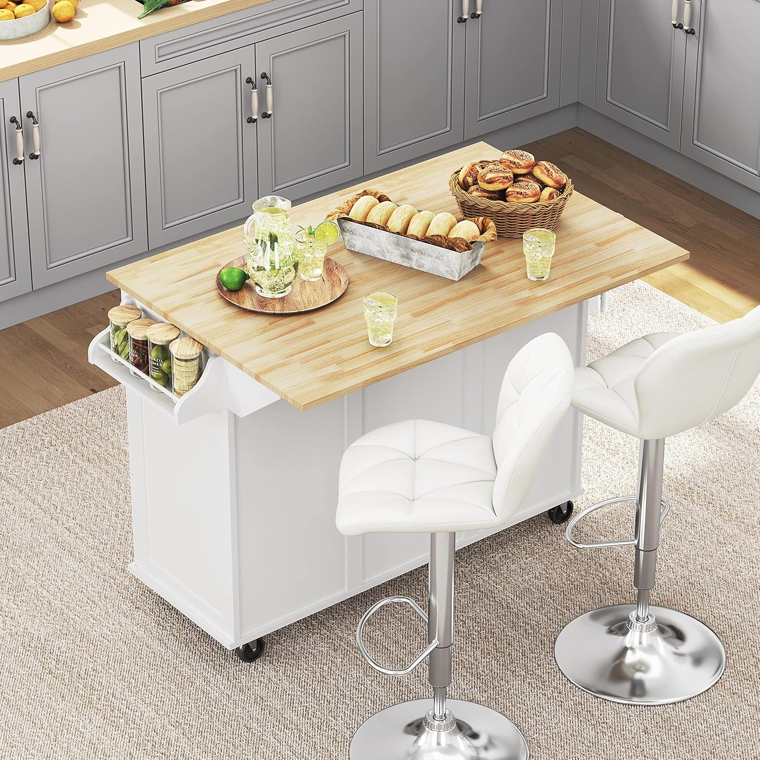 Yaheetech Kitchen Island with Drop-Leaf Breakfast Bar, 53" Width Kitchen Cart on 5 Universal Wheels with Rubberwood Top, Storage Cabinet, 3 Drawers, and Spice Rack for Dining Room, White