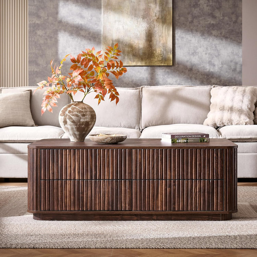 51" Fluted Coffee Table with 4 Drawers, Mid Century Modern Large Coffee Table with Storage, Rectangle Wood Center Table for Living Room, Dark Walnut