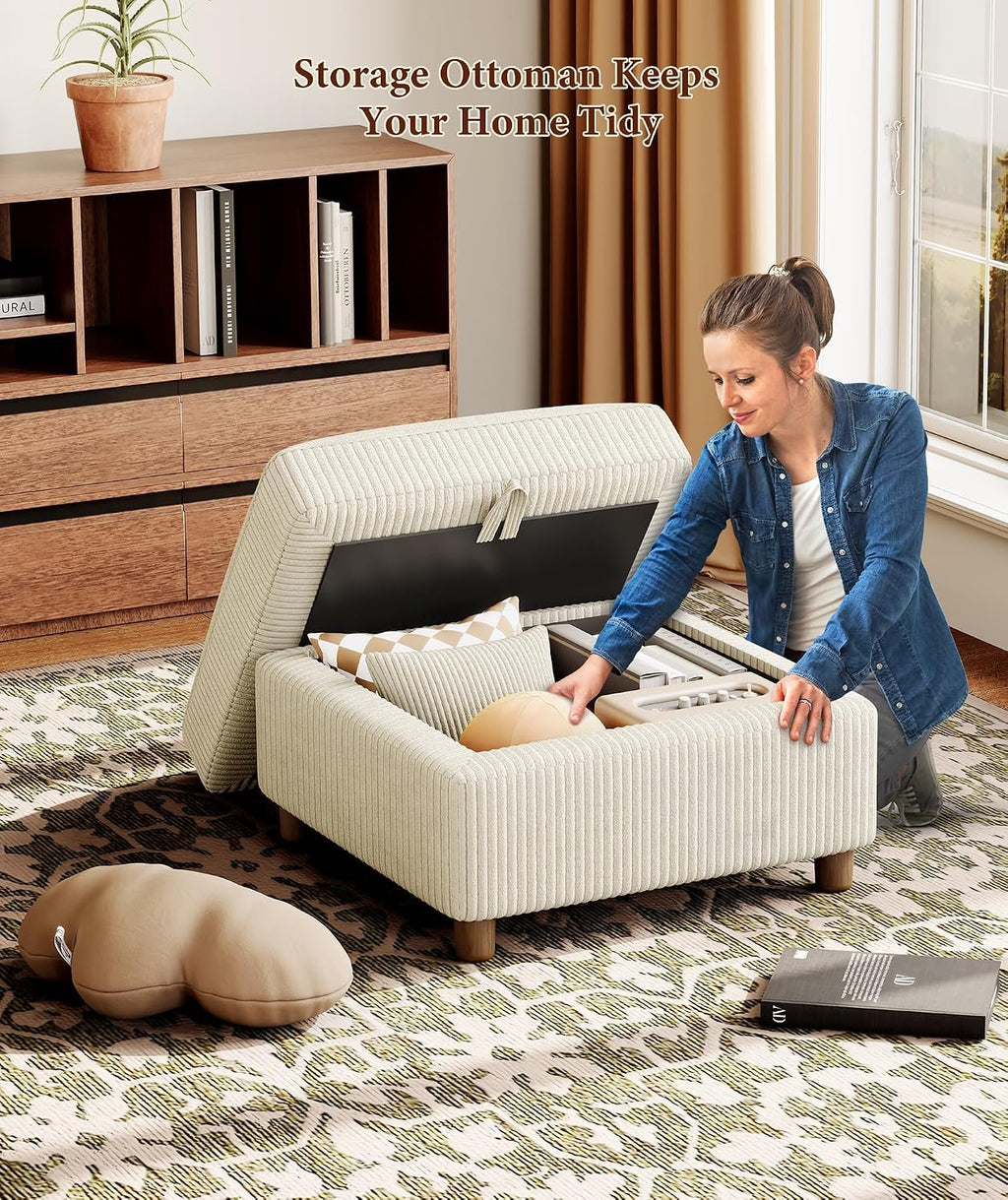 Kidirect Corduroy Ottoman with Storage, 25" Oversize Ottomans, Tool-Free Setup Storage Bench for Bedroom, Solid Wood Foot Rest, Comfy Foot Stool, Square Ottoman Coffee Table for Living Room, Beige