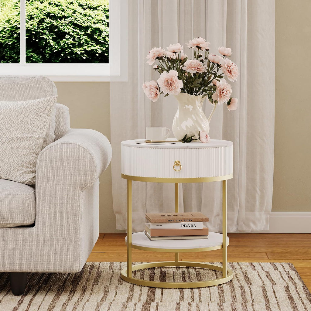 COSIEST Round Side Table with Drawer, Modern Tall Nightstand with Faux Marble Tabletop, 2-Tier Small Round End Table, Wood Bedside Table for Living Room, Bedroom, Dorm, Small Spaces, White and Gold