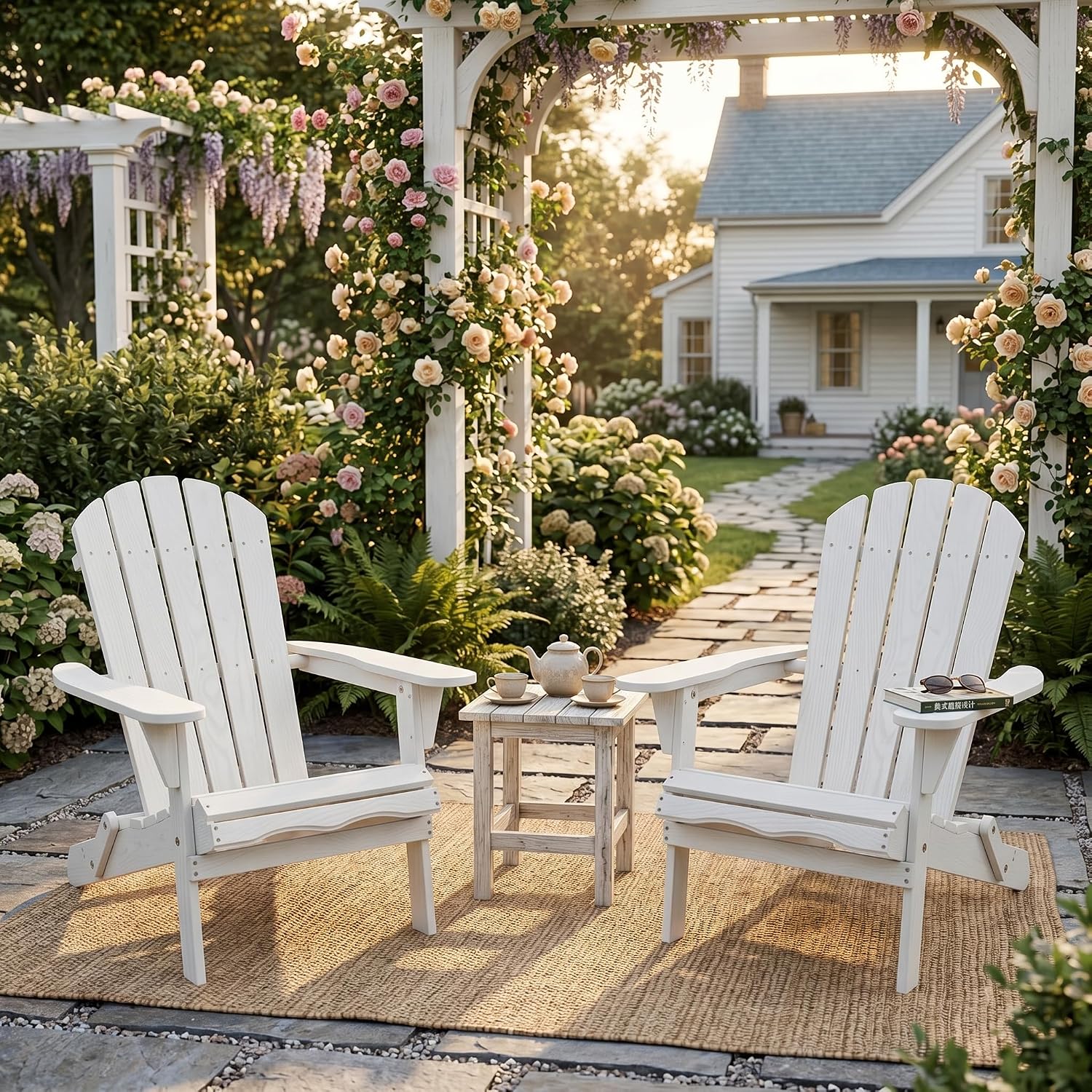 WILLIAMSPACE Adirondack Chairs Set of 2, Solid Wood Outdoor Folding Embossed Adirondack Chair Oversized Wooden Lounge Patio Chair for Garden, Poolside, Backyard, Beach, Easy Assembled (White)