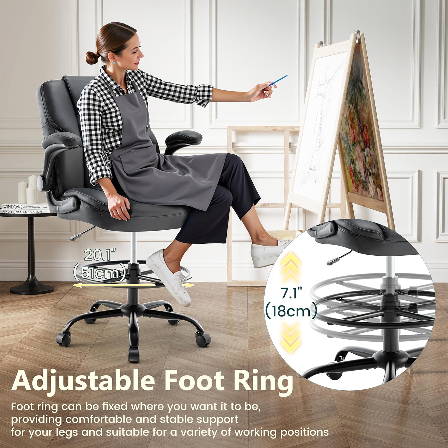 Drafting Chair 500Lbs, Tall Office Chair for Standing Desk, High PU Leather Executive Office Chair with Flip-up Armrests, Ergonomic High Chair with Adjustable Foot Ring, Comfy Stool Chairs, Black