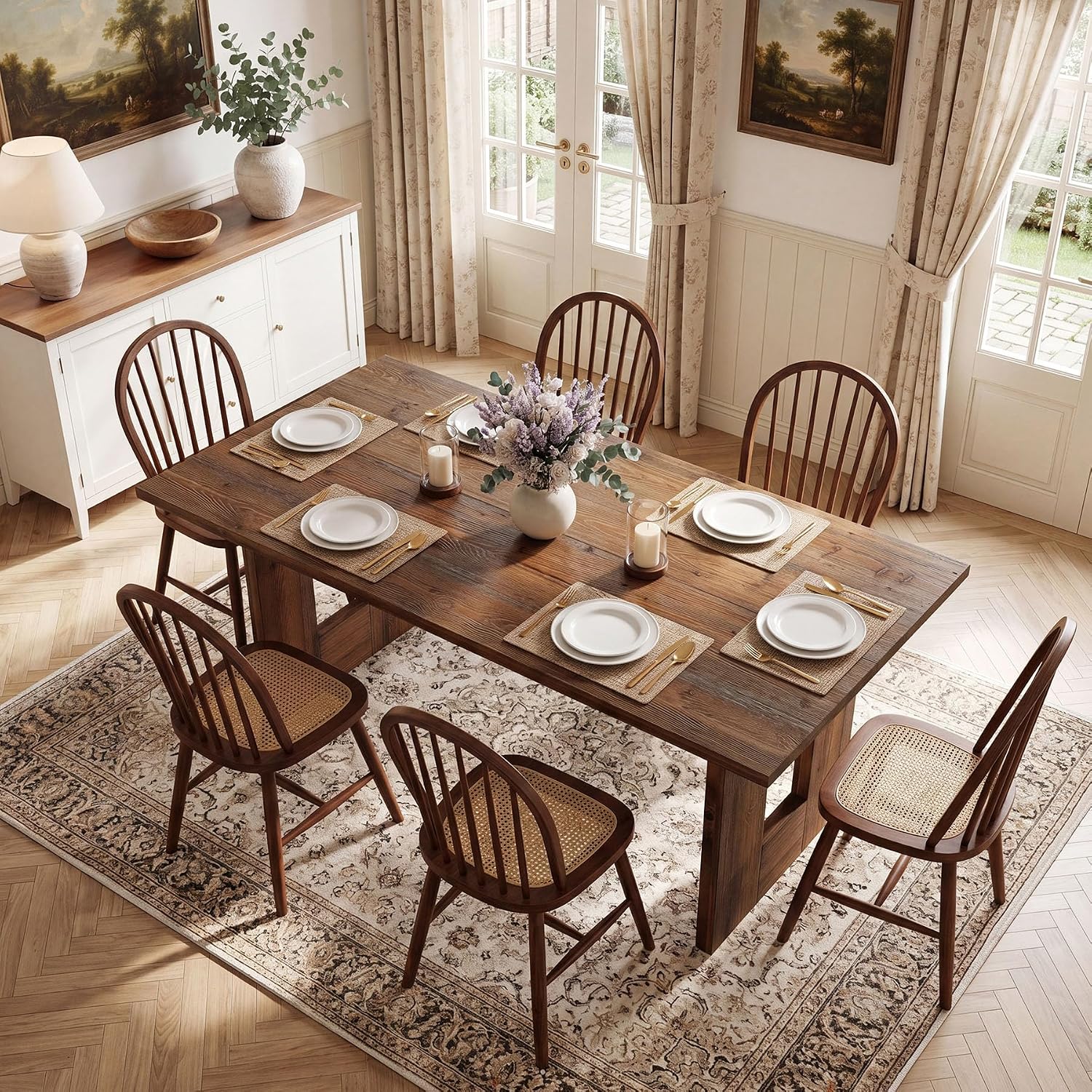 63" Solid Wood Dining Table for 4-6 People, Rustic Rectangular Wood Kitchen Table with Thick Top & Heavy-Duty Legs for Dining Room, Living Room, Rustic Brown