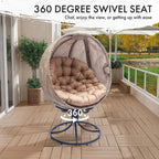 Oversized 360 Swivel Egg Chair - Foldable Rattan Seat w/Cushions, Outdoor Indoor Lounge Chair for Patio, Pool, Balcony & Living Room (Small Leaf Jacquard Khaki-2)