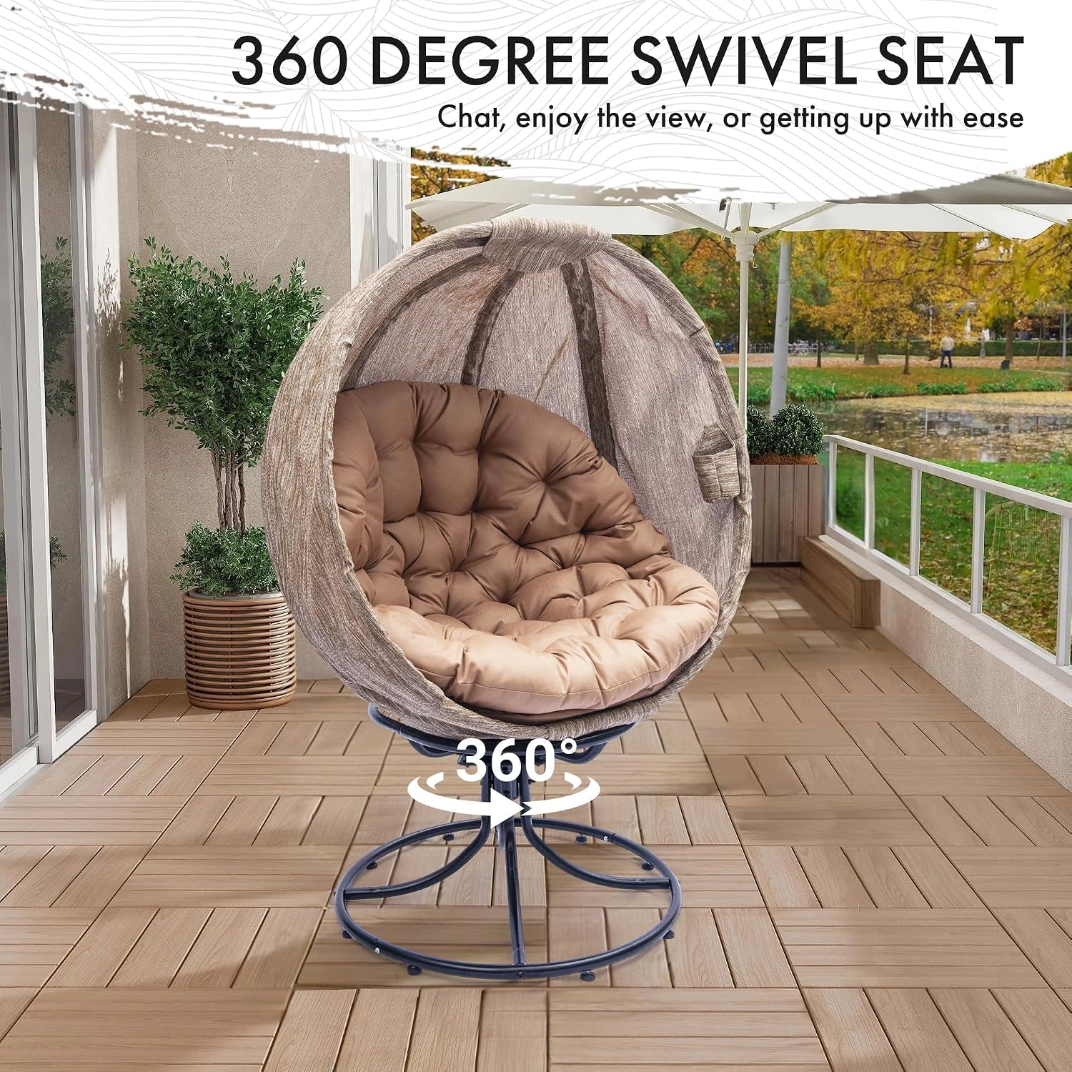 Oversized 360 Swivel Egg Chair - Foldable Rattan Seat w/Cushions, Outdoor Indoor Lounge Chair for Patio, Pool, Balcony & Living Room (Small Leaf Jacquard Khaki-2)