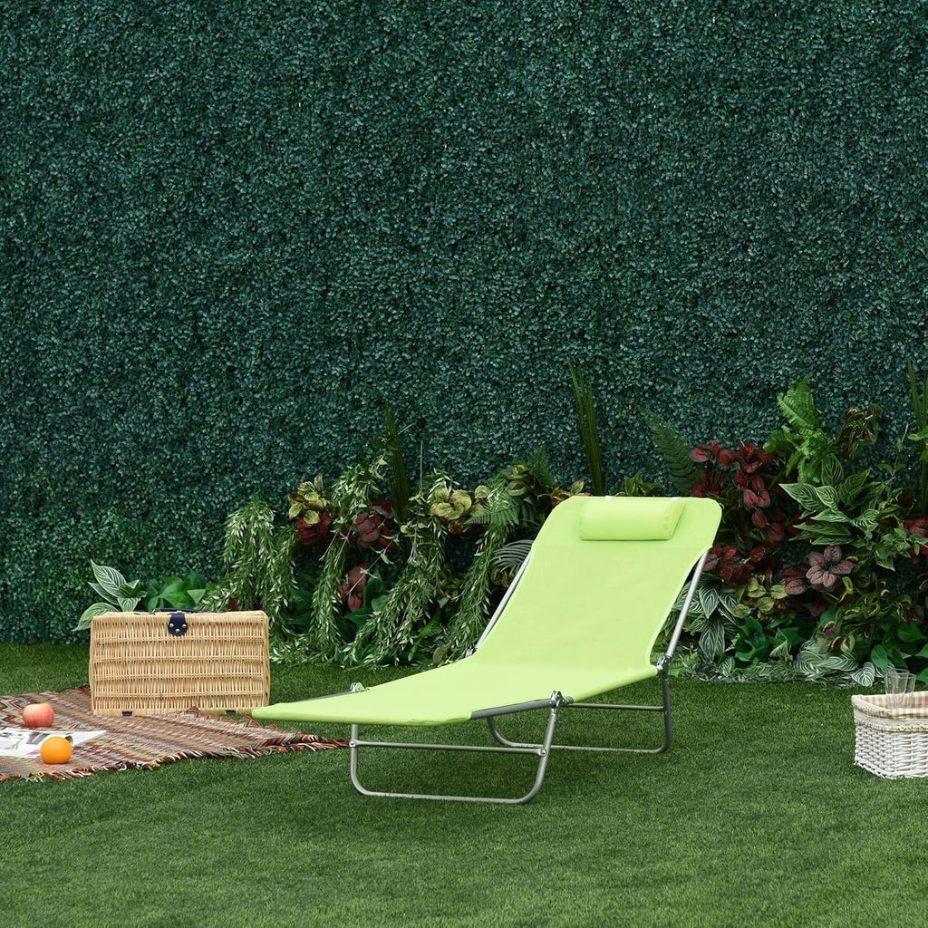 Green 6-Position Folding Chaise Lounge Chair — 265lb Capacity, Powder-Coated Steel FFor rame, Ventilated Mesh Surface, Head Pillow Included