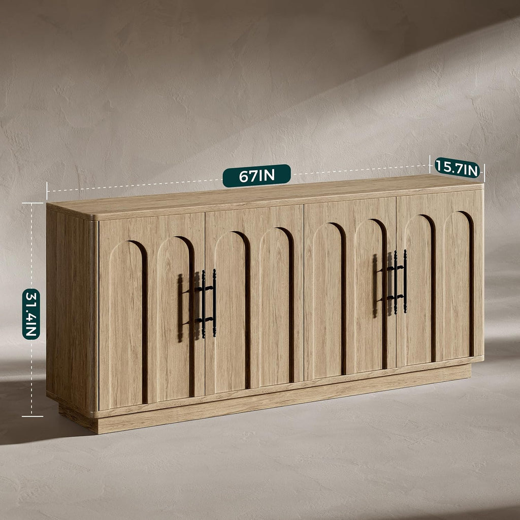 Evermagin 67" Arched Oak Sideboard Buffet Cabinet with Storage | Mid-century modern wood sideboard, large credenza with 4 doors for kitchen or living room, 67"W x 31.5"H x 15.7"D