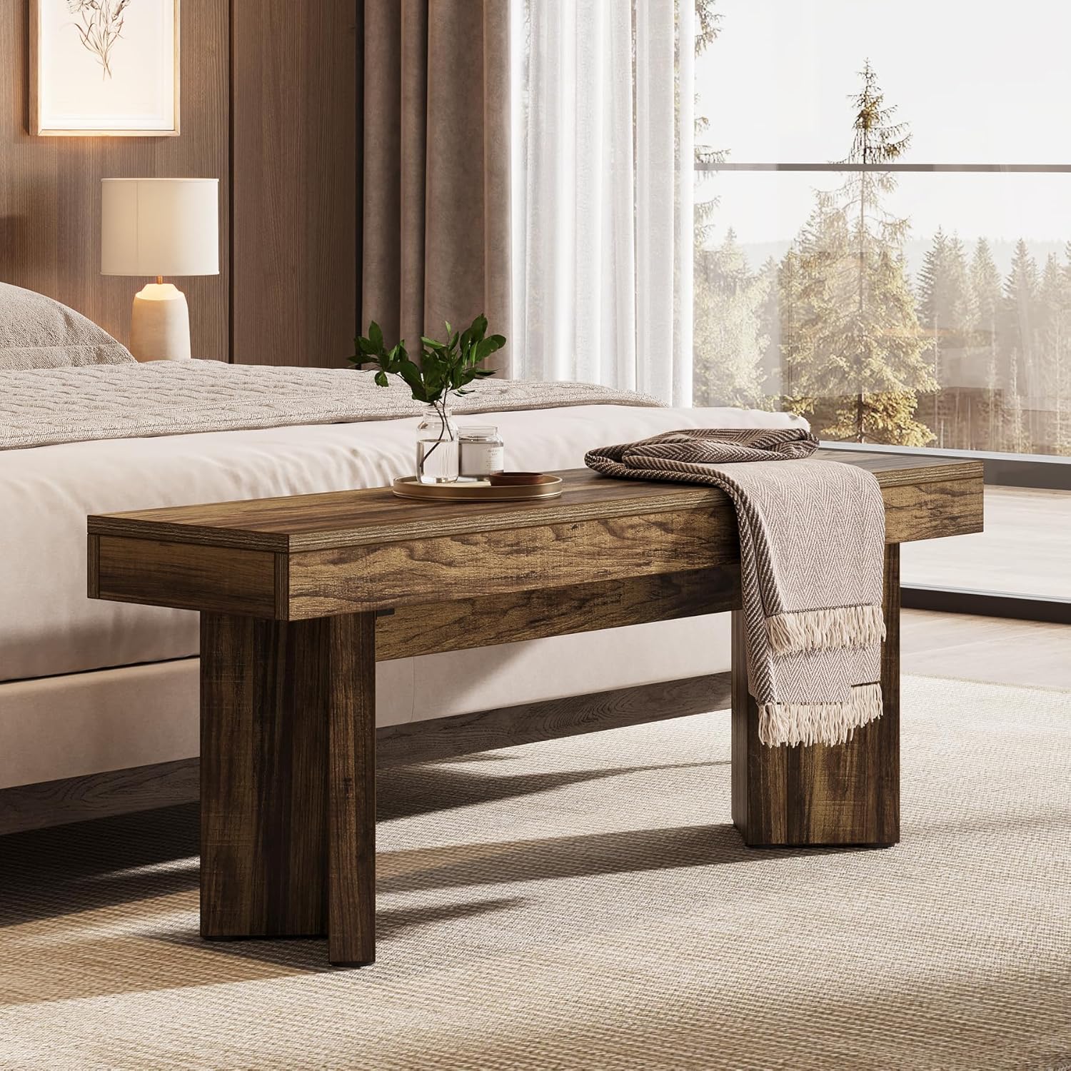 Tribesigns 47" Wooden Entryway Bench, Farmhouse Indoor End of Bed Bench, Long Table Benches Seat for Bedroom, Hallway, Foyer, End of Bed (Dark Brown)