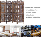 Room Divider Wood Screen - Ghanti Bells Antique Brown - 4 Panel Folding 72 x 80 - Assembled Hand Carved Decorative Functional Versatile Portable Partition Reversible Privacy Boho - COTTON CRAFT