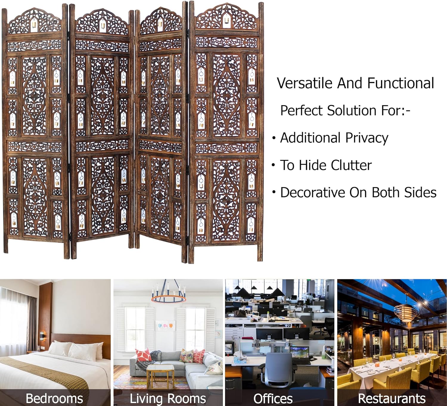 Room Divider Wood Screen - Ghanti Bells Antique Brown - 4 Panel Folding 72 x 80 - Assembled Hand Carved Decorative Functional Versatile Portable Partition Reversible Privacy Boho - COTTON CRAFT
