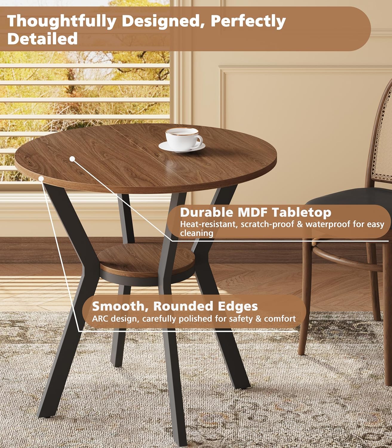 MECHYIN 31.5" Round Dining Table for 2-4, Farmhouse Small Kitchen Table with Storage, Space Saving Circle Table, Rustic Wood Dining Room Tables with Metal Legs for Kitchen, Dining Room, Apartment