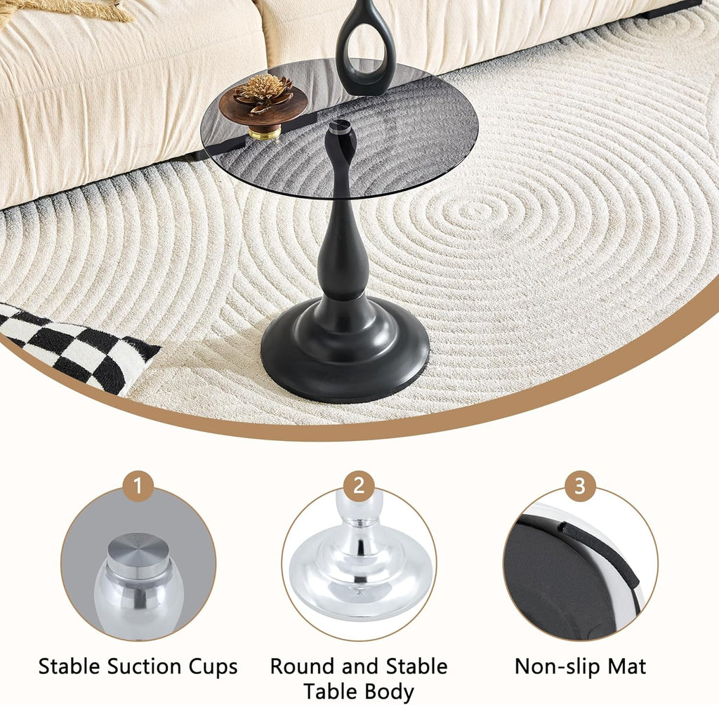 Round Glass Side Table with Silver Metal Base, 19.6'' Gray Tempered Glass Top, Modern Glass Round End Table for Living Room Office, Small Metal Side Table for Compact Space