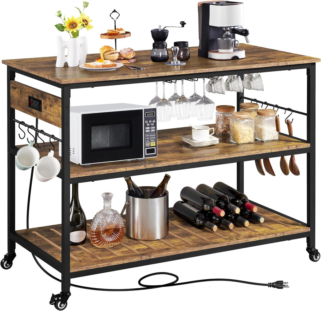 Yaheetech Kitchen Island with Power Outlet, Rolling Kitchen Cart with Wine Rack & Glass Holder & Hooks, Coffee Bar Microwave Stand Wine Rack Table for Dining Room, 47.5" W x 24" D, Rustic Brown