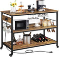 Yaheetech Kitchen Island with Power Outlet, Rolling Kitchen Cart with Wine Rack & Glass Holder & Hooks, Coffee Bar Microwave Stand Wine Rack Table for Dining Room, 47.5" W x 24" D, Rustic Brown