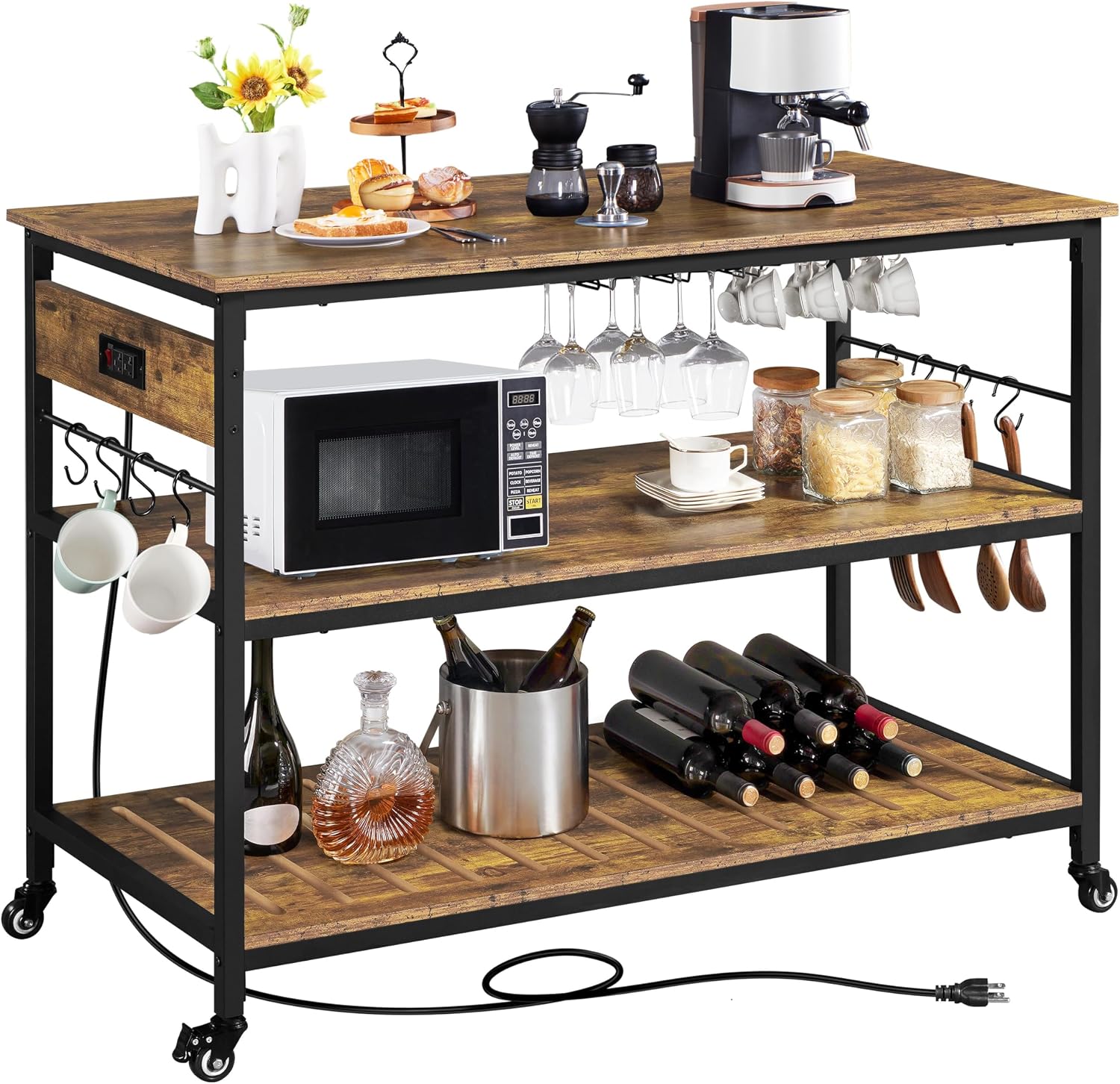 Yaheetech Kitchen Island with Power Outlet, Rolling Kitchen Cart with Wine Rack & Glass Holder & Hooks, Coffee Bar Microwave Stand Wine Rack Table for Dining Room, 47.5" W x 24" D, Rustic Brown