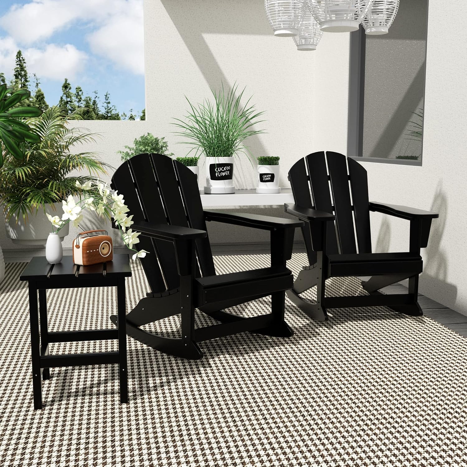 HDPE Laguna Outdoor Rocking Poly Adirondack Chair with Side Table 3-Piece Set, Black