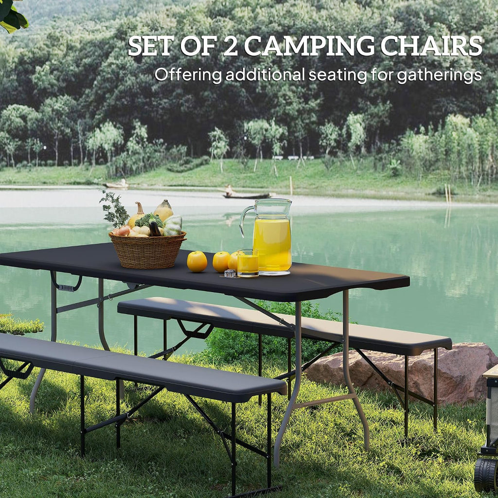 Portable 6-Foot Folding Benches (2-Pack): Waterproof HDPE Seats, Powder-Coated FFor rame, 529lb Load, Fold to 36.2", Black