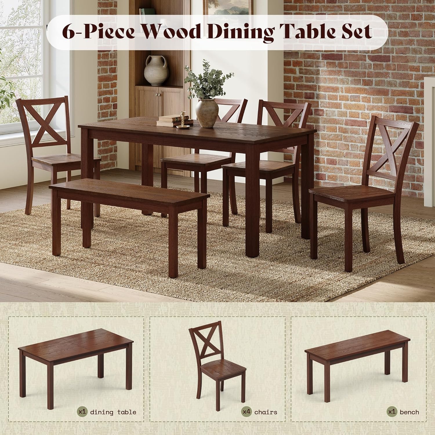 AMERLIFE 6-Piece Farmhouse Dining Table Set, 59" Wooden Kitchen Table with 4 Chairs and Bench, Space-Saving Rustic Dining Room Set for 6, Walnut