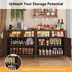 knoworld Buffet Sideboard with Storage Farmhouse with 4 Doors, 55'' Large Kitchen Storage Cabinet Wood Coffee Bar Buffet Table for Kitchen, Dining Room (Brown with Power Outlets & LED Light, 63in)