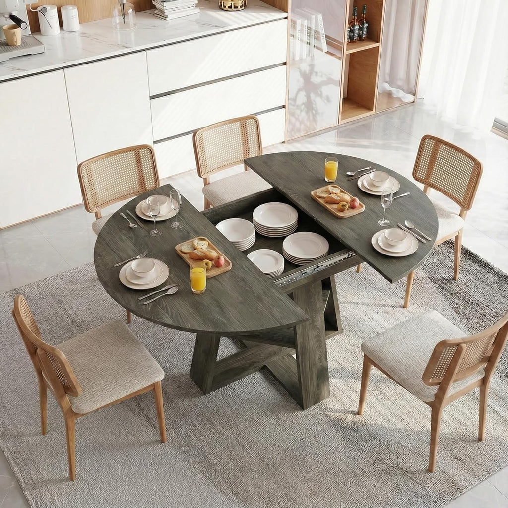 PVWIIK 43.3in-59in Extendable Round Dining Table for 4-8,Modern Kitchen Oval Dining Table with Removable Leaves Space Saving,Wood Base with Storage Shelf for Kitchen Living Room,Antique Natural