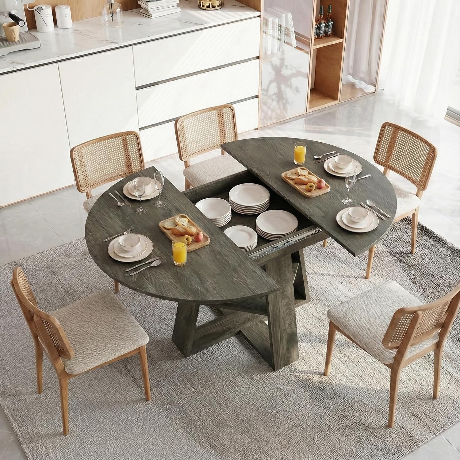 PVWIIK 43.3in-59in Extendable Round Dining Table for 4-8,Modern Kitchen Oval Dining Table with Removable Leaves Space Saving,Wood Base with Storage Shelf for Kitchen Living Room,Antique Natural