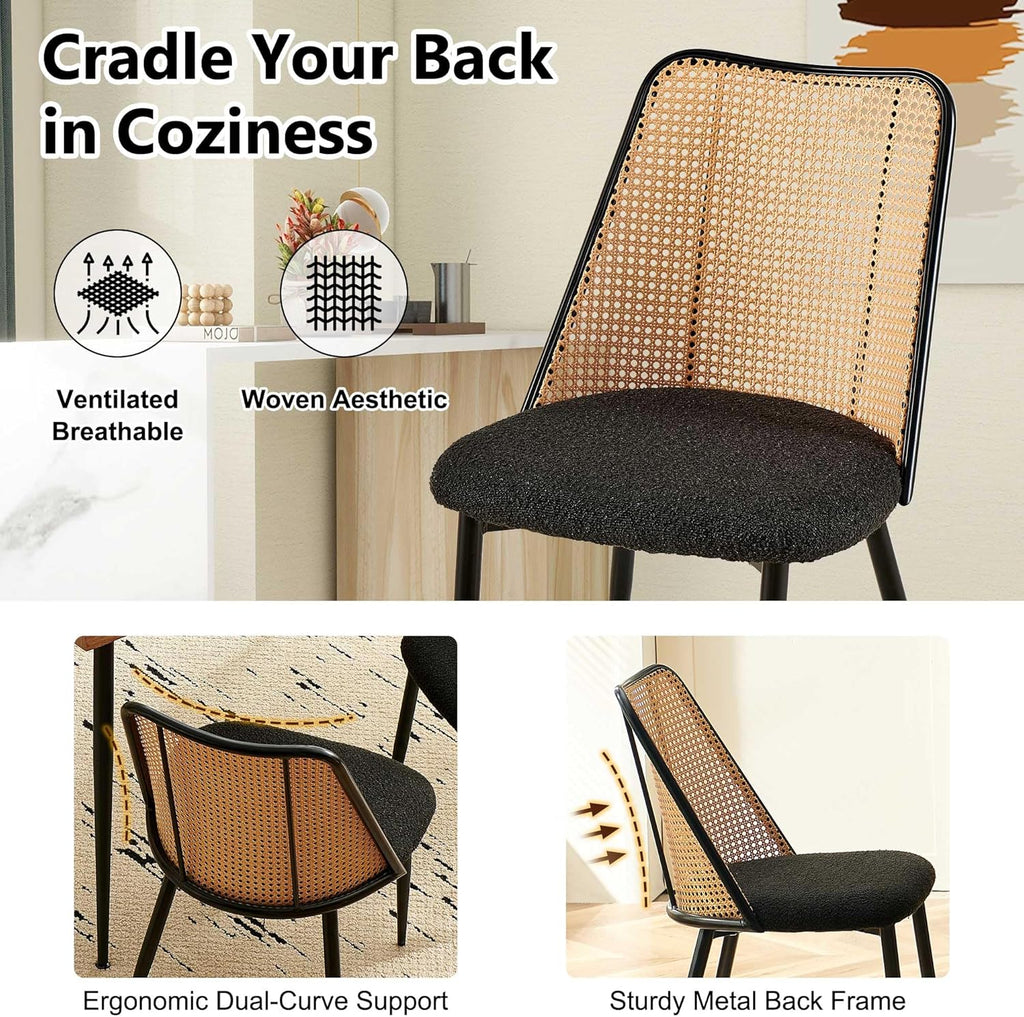 Homedot Modern Rattan Dining Chairs Black Set of 4, Upholstered Dining Room Chairs Boucle Woven Cane Kitchen Dining Accent Chairs for Reception Rooms, Restaurant