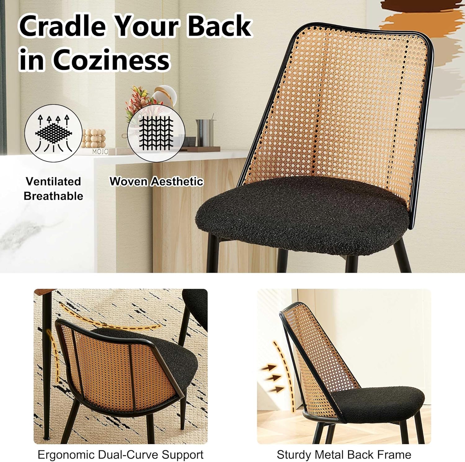 Homedot Modern Rattan Dining Chairs Black Set of 4, Upholstered Dining Room Chairs Boucle Woven Cane Kitchen Dining Accent Chairs for Reception Rooms, Restaurant
