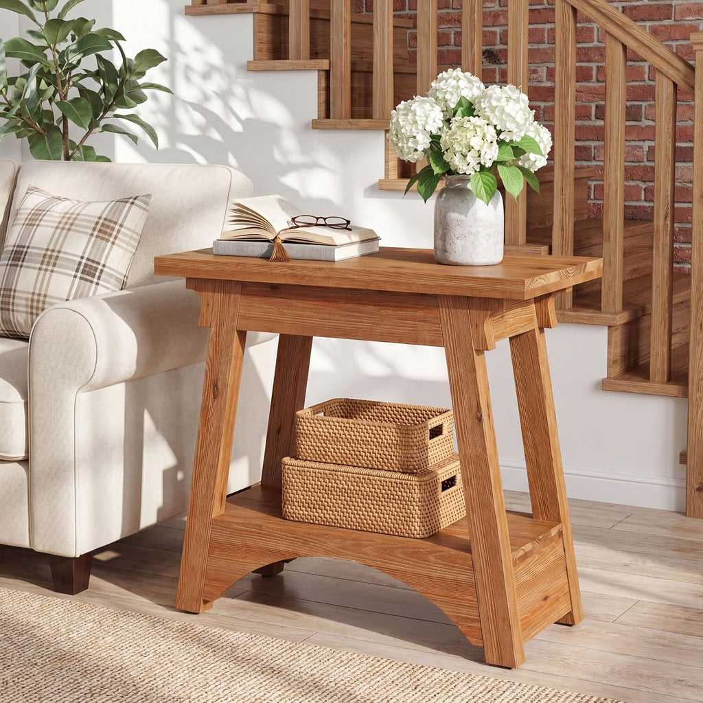 End Table for Living Room, Solid Wood Side Table with Storage, Farmhouse Narrow Nightstand for Bedroom, Small Spaces, Rustic Brown