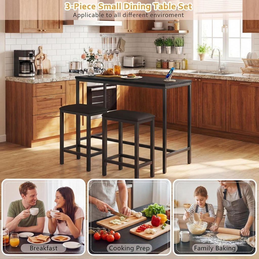 GarveeHome 63" l-Shaped Convertible Bar Table Set with Power Outlets, 3-Piece Counter Height Dining Set for 2-4, Space Saving Kitchen Breakfast Nook Corner Table with 2 Stools