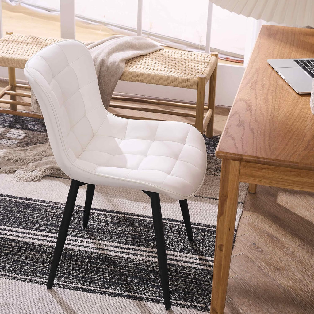 YOUTASTE White Dining Chairs Set of 2, Faux Leather Upholstered Armless Chairs with Back and Black Metal Legs, Mid Century Modern Kitchen Chairs for Living Room, Vanity, or Guest Reception Room