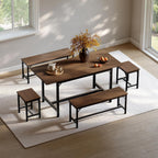 Tatub 5-Piece Dining Table Set for 4-8, 63" Extendable Dining Room Table with 2 Benches and 2 Square Stools, Space Saving Rectangle Kitchen Table Set for Breakfast Nook and Small Space, Walnut