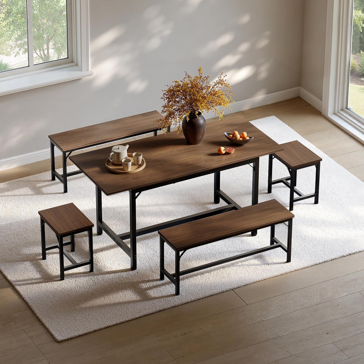 Tatub 5-Piece Dining Table Set for 4-8, 63" Extendable Dining Room Table with 2 Benches and 2 Square Stools, Space Saving Rectangle Kitchen Table Set for Breakfast Nook and Small Space, Walnut
