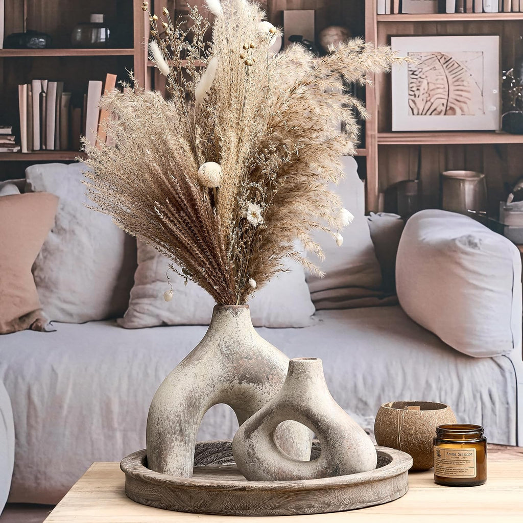 SIDUCAL Ceramic Vase Set of 2 for Minimalist Bohemian Decor | Irregular Hollow Donut Vases for Home Decor, Wedding, Living Room, Shelf, Office, Entryway, Mantel Decoration,Brown