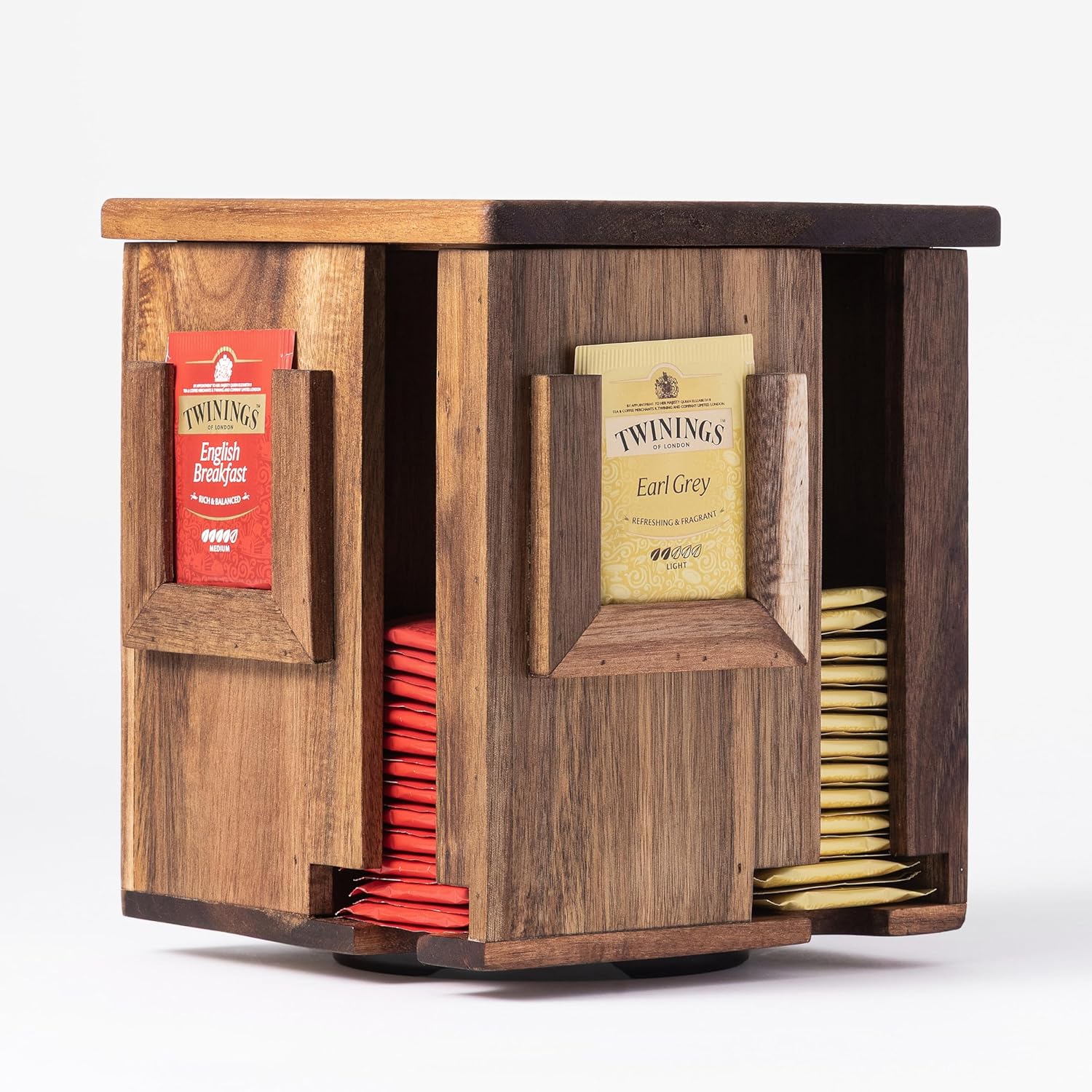 Rotating Tea Bag Organizer, Acacia Wood, 4-Sided | Storage Box, For Home or Office, 4-Sided Rotating Design