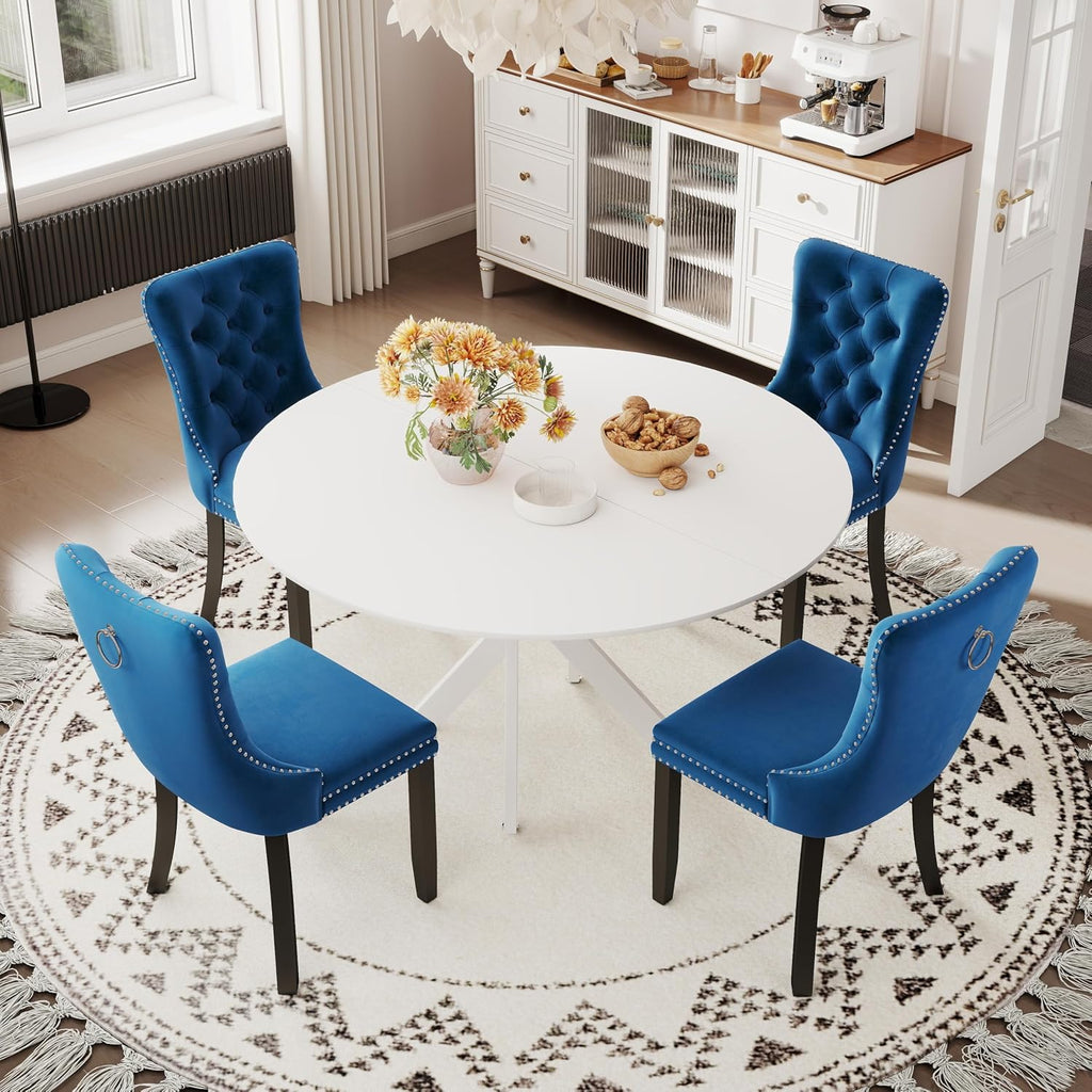 RGZ Farmhouse White Round Dining Table Set for 4, 47'' Retro Rustic Circular Kitchen Table Set, 5 PCS Dinner Room Set with 4 Blue High-end Tufted Chairs, for Apartment, Home, Leisure